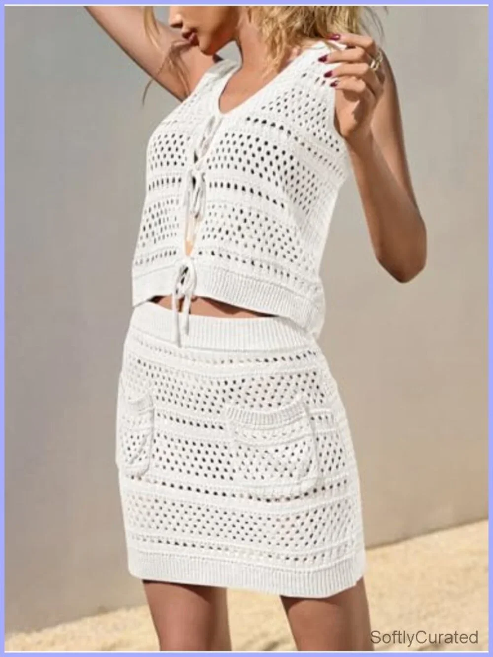 Crochet Swim Cover Up 2 Piece V Neck Sleeveless Front Tie Crop Top Mini Skirt
